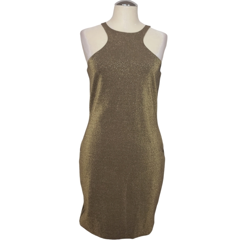 All Saints Norma Metallic Gold Halter Back Zip Sleeveless Mini Bodycon Dress 6